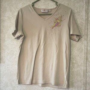 Quacker Factory Beige V-Neck Beaded Short Sleeve Top Small